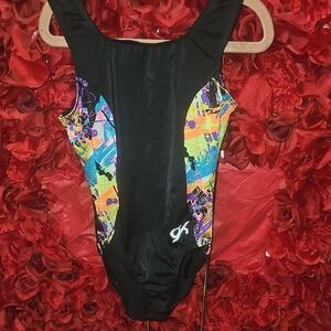 GK Girls Black Leotard with Colorful Abstract Print Size 10/12